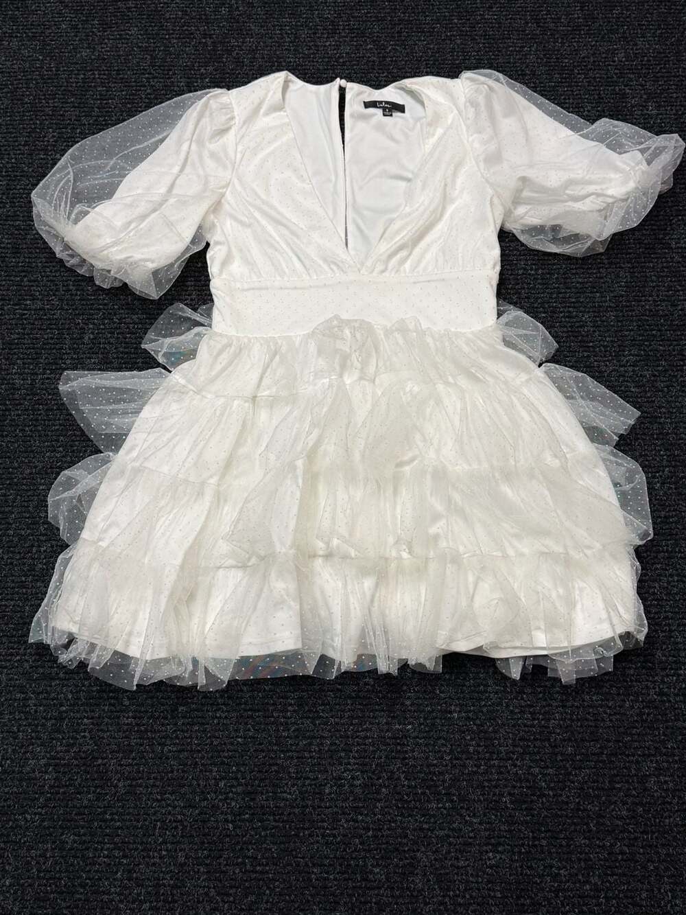 Cottage Glam Coquette Feminine Lulus White Swiss Dot Puff Sleeve Tiered Ruffle M